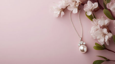 An exquisite pearl necklace adorned with diamonds rests elegantly among soft cherry blossoms on a pastel pink background, perfect for fashion and jewelry displays.の素材