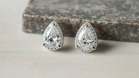 This image features elegant teardrop earrings adorned with sparkling diamonds, set against a neutral background, showcasing luxury and refined craftsmanship.の素材