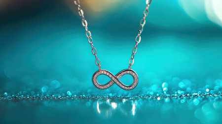 This stunning silver infinity necklace features sparkling crystals, beautifully illuminated against a vibrant turquoise background, ideal for fashion enthusiasts.の素材