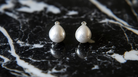 Captivating image of elegant white pearl earrings resting on a polished black marble surface, showcasing their exquisite shine and luxurious appeal.の素材