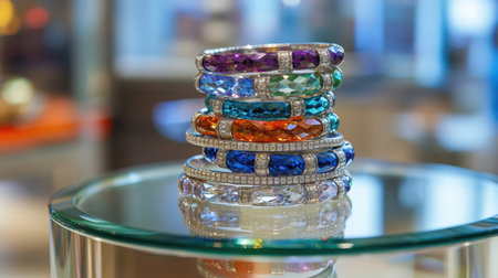 This striking image showcases a collection of elegant bracelets embellished with vibrant gemstones and sparkling details, displayed on a glass surface in a chic retail environment.の素材