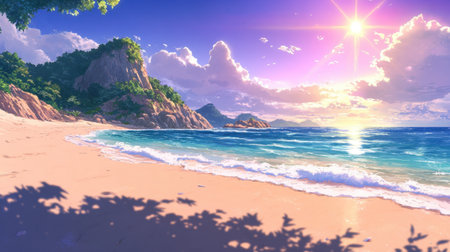 A picturesque tropical beach scene showcasing vibrant sunset colors and gentle waves. The serene landscape invites relaxation and adventure amidst nature's beauty.の素材