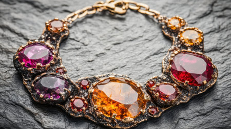 This stunning bracelet showcases a variety of colorful gemstones set in an ornate design, emphasizing beauty and elegance. Perfect for any occasion.の素材