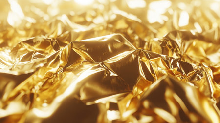Close-up view of wrinkled gold foil displaying a luxurious and elegant texture. The light reflects off the surfaces, creating a warm glow ideal for art and design projects.の素材