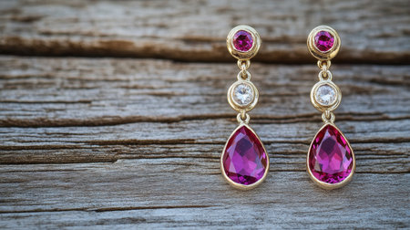 A stunning pair of gold earrings featuring pink gemstones and brilliant diamonds, showcased beautifully against a weathered wooden background, perfect for fashion.の素材