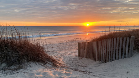 A picturesque scene depicting a serene beach pathway leading to a stunning sunset over calm ocean waters, framed by tall grass and a rustic wooden fence.の素材