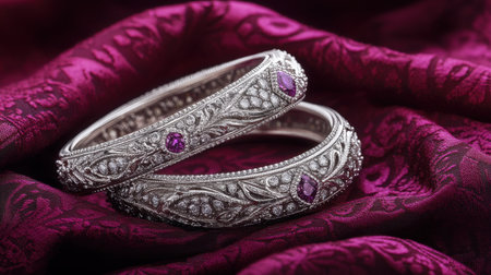Beautiful silver bracelets adorned with purple gemstones sit elegantly on a rich burgundy fabric. Ideal for showcasing luxury jewelry in fashion contexts.の素材
