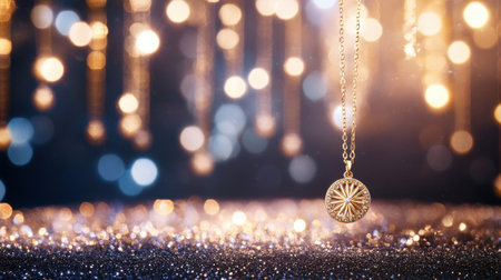 A stunning close-up of an elegant golden necklace featuring an intricate pendant, suspended in a dreamy ambiance of sparkling bokeh lights. Perfect for showcasing luxury and beauty.の素材