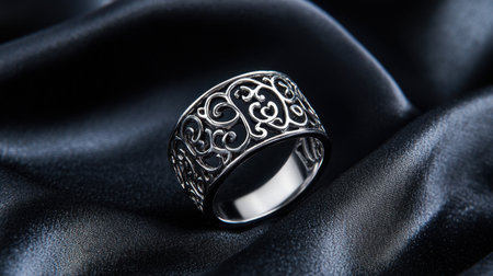 This stunning silver ring features an intricate design that beautifully contrasts with the soft black fabric background, making it ideal for jewelry showcases.の素材