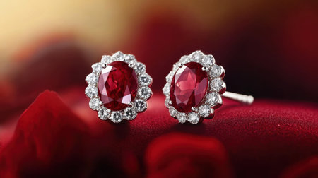 Stunning ruby and diamond earrings displayed elegantly against a soft floral backdrop, perfect for showcasing luxury jewelry in promotional campaigns.の素材