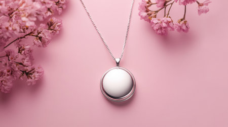 A delicate silver locket necklace rests on a soft pink background, surrounded by beautiful pink cherry blossoms, creating a serene and elegant atmosphere.の素材