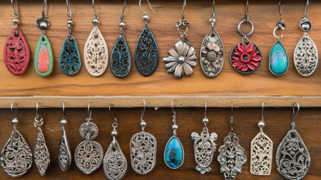 A vibrant display of decorative earrings showcasing various styles, colors, and intricate designs, perfect for adding unique flair to any outfit.の素材