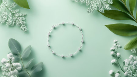 A delicate handmade bracelet rests on a light green background, surrounded by soft green leaves and white flowers, creating a serene and elegant composition.の素材