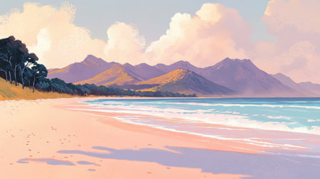 A serene beach scene featuring soft golden sand, gentle ocean waves, and impressive mountains under a beautiful, cloudy sky. Perfect for relaxation.の素材