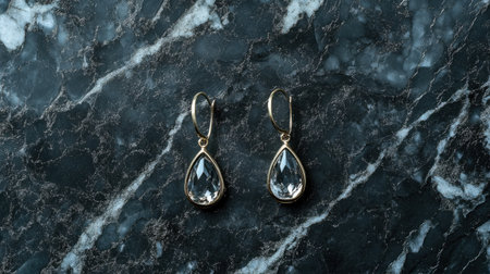 These elegant teardrop earrings, featuring clear gemstones in a gold setting, rest on a dark marble surface, highlighting their exquisite design and luxury appeal.の素材