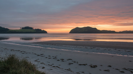 A breathtaking coastal scene at dawn showcases a tranquil beach with gentle waves, a colorful sky, and a distant island silhouette. The perfect escape.の素材