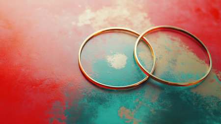 Close-up of elegant gold rings resting on a vibrant abstract background featuring a blend of red and teal hues, perfect for jewelry and fashion themes.の素材