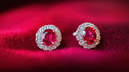 Discover the beauty of elegant ruby earrings surrounded by diamonds, displayed on a rich red velvet background, perfect for showcasing luxury and style.の素材