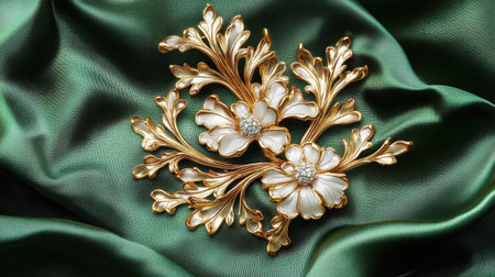 This exquisite floral brooch features intricate gold detailing and elegant blossoms, set against rich green satin, perfect for adding charm to any outfit.の素材