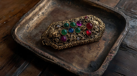 This image showcases an ornate vintage jewelry box adorned with colorful gemstones, resting on a rustic wooden surface, highlighting intricate craftsmanship.の素材