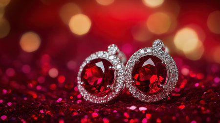 A pair of exquisite ruby earrings adorned with sparkling diamonds, set against a shimmering red glitter background, ideal for showcasing luxury and elegance.の素材