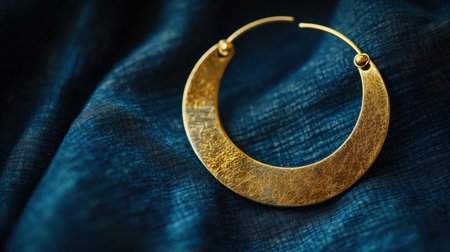 This image showcases an elegant gold hoop earring placed on a soft textured fabric, highlighting the intricate details and shimmering shine of the piece.の素材