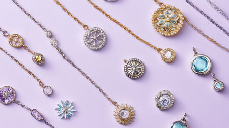 This stunning array of necklaces showcases a variety of designs featuring intricate pendants and sparkling gemstones, perfect for enhancing any outfit.の素材