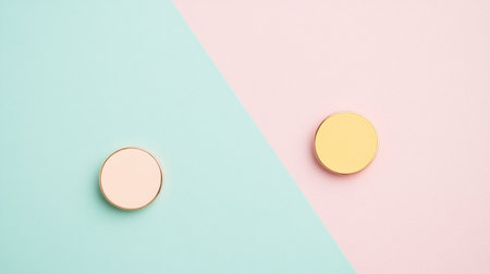 This image features two round tokens in mint and peach colors set against a pastel background. The minimalistic design emphasizes simplicity and modern aesthetics, perfect for creative projects.の素材