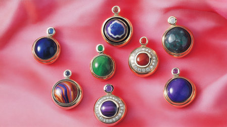 A vibrant collection of gemstone pendants showcased against a soft silk fabric background, highlighting their colors and intricate designs for a luxurious appeal.の素材