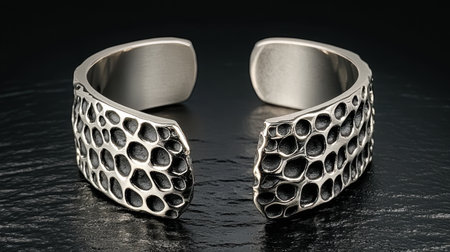 This handmade silver cuff bracelet features an intricate honeycomb texture that adds a unique touch to any outfit. It's perfect for fashion lovers seeking an elegant yet bold accessory.の素材