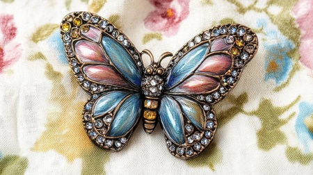 Delight in this exquisite butterfly brooch featuring colorful enamel and sparkling gems, perfect for adding a touch of elegance to any outfit.の素材