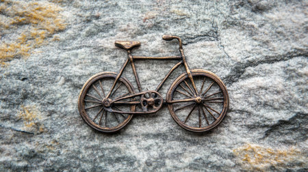 This image showcases a vintage bronze bicycle sculpture, beautifully detailed and set against a textured stone surface. The earthy tones accentuate the craftsmanship and artistic flair.の素材