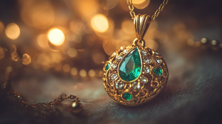 This elegant vintage pendant features a stunning emerald stone surrounded by intricate gold detailing, ideal for jewelry aficionados. Its luxurious design and craftsmanship make it a perfect accessory for special occasions or a cherished gift.の素材
