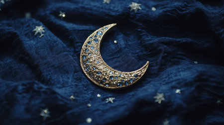 A stunning crescent moon brooch adorned with dazzling blue gemstones rests on a rich velvet fabric, creating an enchanting and luxurious display with star motifs.の素材