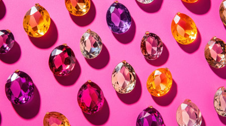 This image showcases an array of colorful gemstones arranged on a bright pink background, creating a stunning visual contrast perfect for jewelry and design projects.の素材