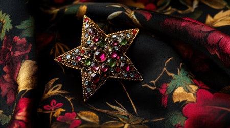 This stunning vintage star brooch features an exquisite arrangement of colorful gemstones, set against a rich and dark floral fabric. Perfect for adding elegance.の素材