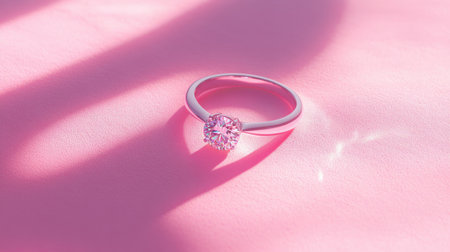 This stunning engagement ring features a sparkling round diamond, set against a soft pink background, creating a romantic and luxurious atmosphere perfect for love celebrations.の素材