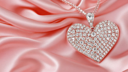 A beautiful heart-shaped pendant necklace adorned with sparkling diamonds rests on soft pink satin fabric, creating a romantic and elegant visual perfect for gifts.の素材