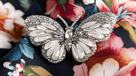 This stunning image features a sparkling butterfly brooch elegantly placed on a vibrant floral fabric, showcasing intricate details and beautiful colors.の素材