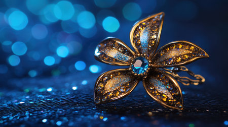 This stunning flower brooch showcases intricate designs and shimmering gems, perfect for fashion accessories or elegant gifting. The blue background adds depth.の素材