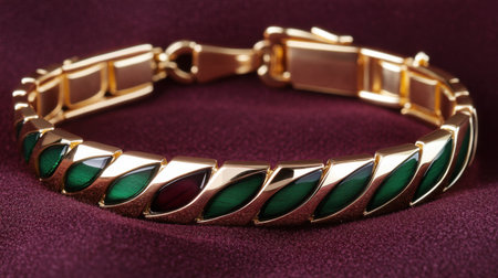 This elegant golden bracelet features beautifully arranged green and red stones, showcasing exquisite craftsmanship against a rich purple velvet background.の素材