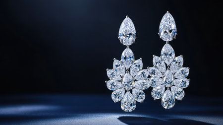 Capture a moment of stunning elegance with these beautiful diamond earrings. Expertly crafted for luxury and style, they shine with brilliance against a dark backdrop.の素材