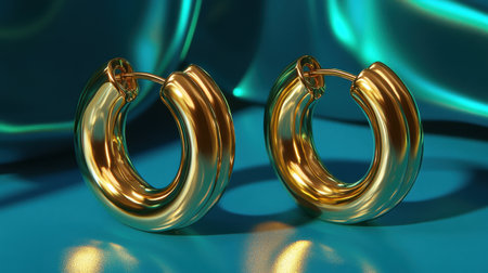 This image showcases polished gold hoop earrings with a glossy finish, elegantly displayed against a smooth turquoise satin background, highlighting their luxurious appeal.の素材
