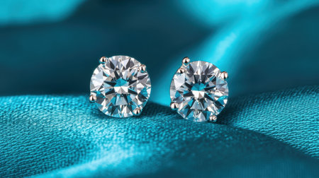 Stunning diamond stud earrings beautifully displayed on a soft turquoise silk background, showcasing their exquisite cut and brilliant luster. Perfect for jewelry lovers.の素材