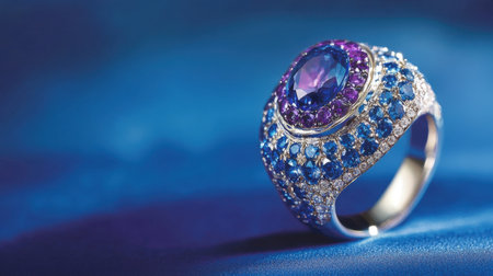 A stunning gemstone ring showcases an exquisite arrangement of blue and purple stones set in a polished metal band, radiating elegance and luxury.の素材