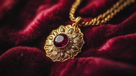 This stunning gold necklace with a ruby pendant rests on rich red velvet, highlighting exquisite craftsmanship and luxurious design. Perfect for showcasing elegance.の素材
