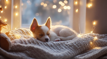 A charming scene of a sleeping puppy wrapped in a soft blanket, illuminated by twinkling fairy lights. This image captures a warm and cozy atmosphere, perfect for evoking feelings of peace and tranquility in home settings.の素材