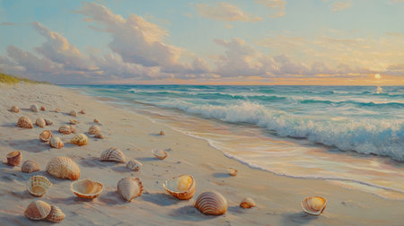 A tranquil beach scene showcases seashells scattered along the sandy shore, with gentle waves breaking under a colorful sunset sky. The calm atmosphere invites relaxation and enjoyment of nature.の素材