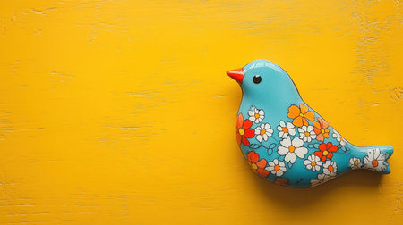 This vibrant blue bird decoration features a stunning floral design, resting on a bright yellow surface. Perfect for adding a cheerful touch to any space.の素材