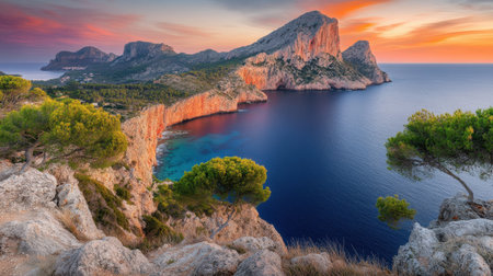 A breathtaking coastal view captures the essence of nature at sunset, showcasing dramatic cliffs, calm blue waters, and vibrant skies blended with orange hues.の素材